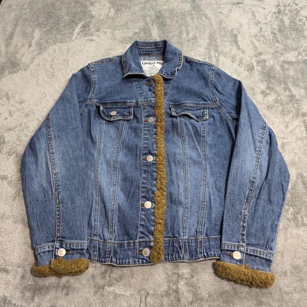 VTG Y2K Comfort Denim Faux Fur Trim Jean Jacket Medium Wash Blue Trucker Large